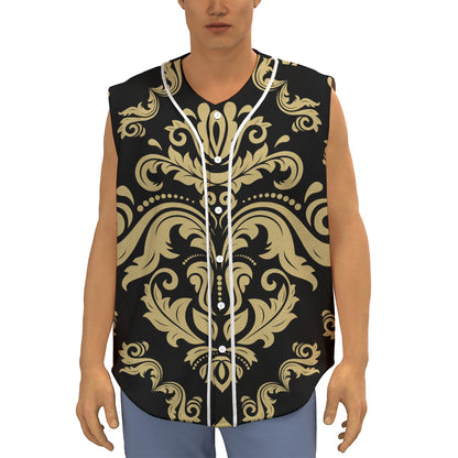 Black And Beige Damask Pattern Print Sleeveless Baseball Jersey
