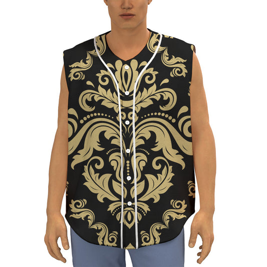 Black And Beige Damask Pattern Print Sleeveless Baseball Jersey