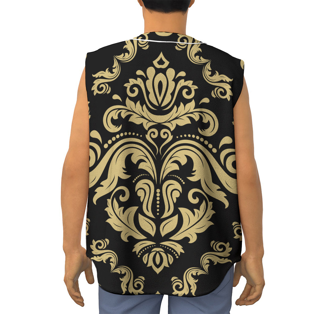 Black And Beige Damask Pattern Print Sleeveless Baseball Jersey