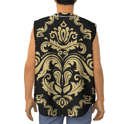 Black And Beige Damask Pattern Print Sleeveless Baseball Jersey