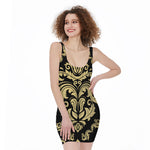 Black And Beige Damask Pattern Print Sleeveless Bodycon Dress