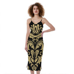 Black And Beige Damask Pattern Print Slim Fit Midi Cami Dress