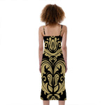 Black And Beige Damask Pattern Print Slim Fit Midi Cami Dress