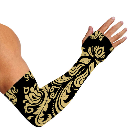 Black And Beige Damask Pattern Print Sun Protection Arm Sleeves