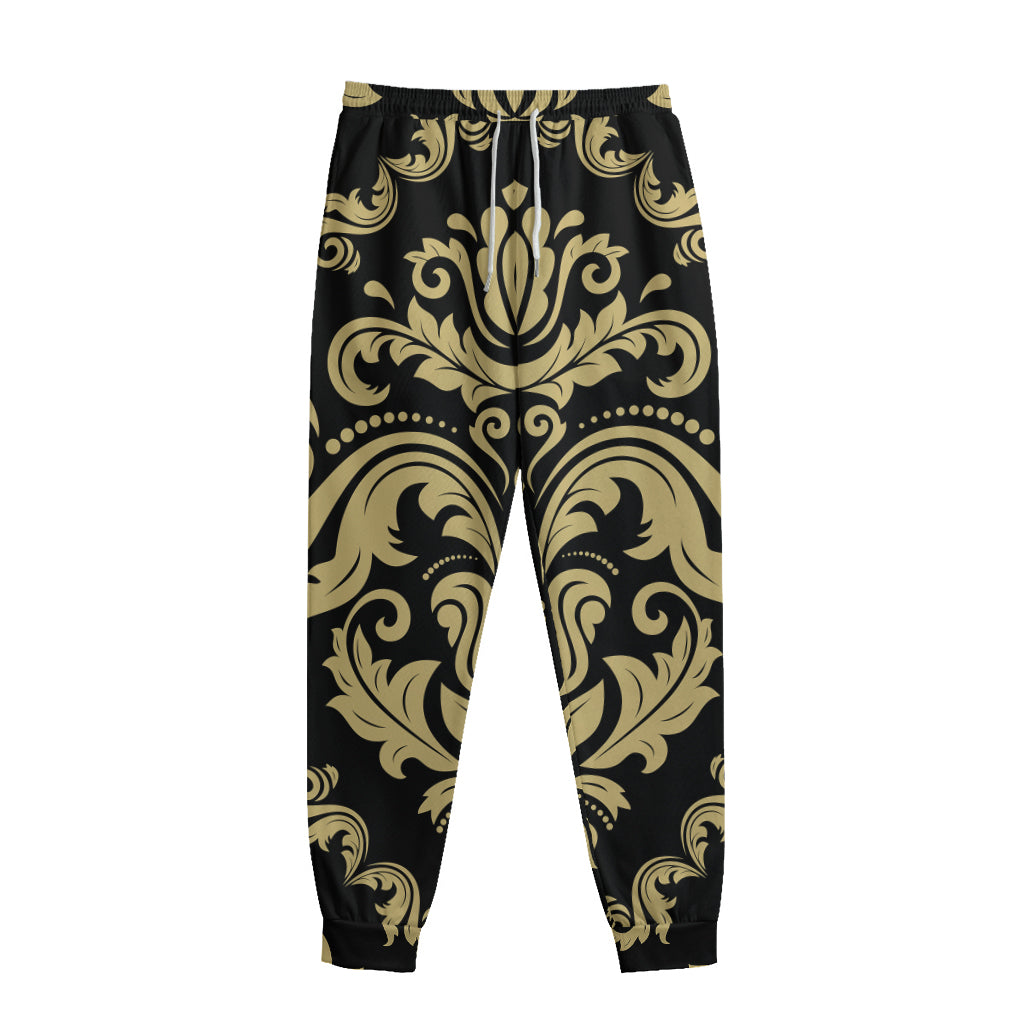 Black And Beige Damask Pattern Print Sweatpants