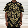 Black And Beige Damask Pattern Print Textured Short Sleeve Shirt