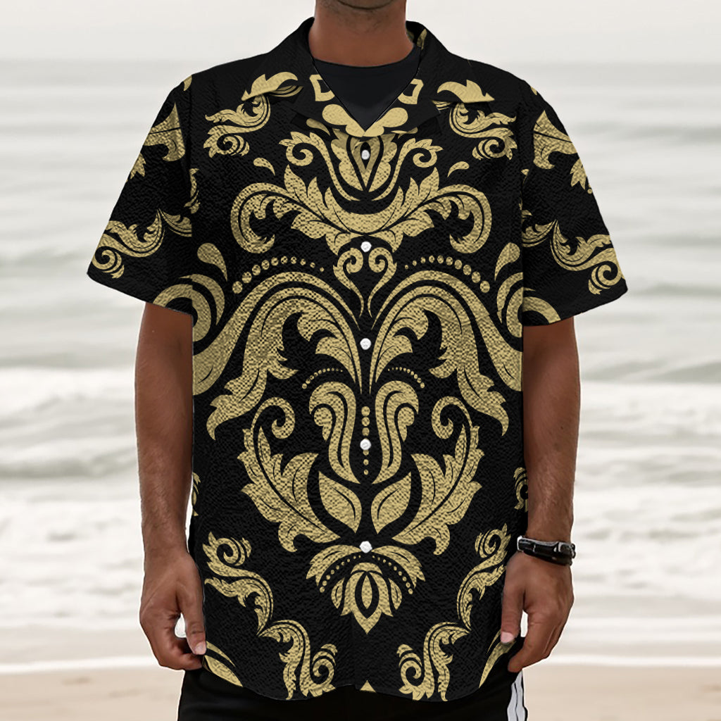 Black And Beige Damask Pattern Print Textured Short Sleeve Shirt