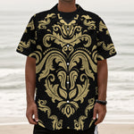 Black And Beige Damask Pattern Print Textured Short Sleeve Shirt