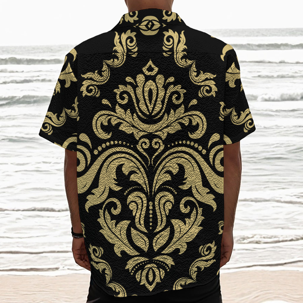 Black And Beige Damask Pattern Print Textured Short Sleeve Shirt