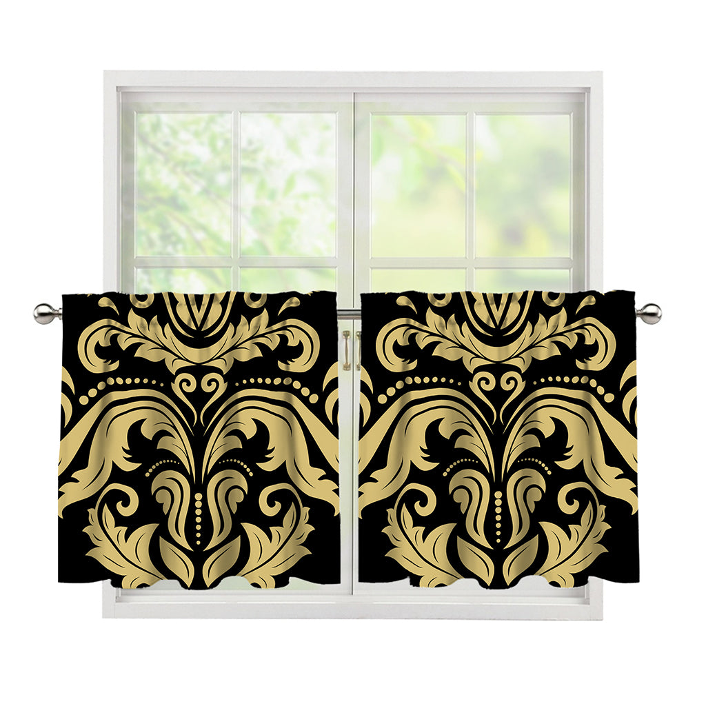 Black And Beige Damask Pattern Print Tier Curtains