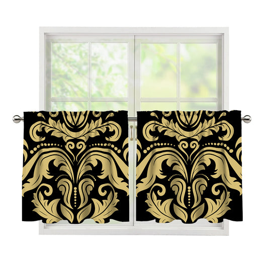 Black And Beige Damask Pattern Print Tier Curtains