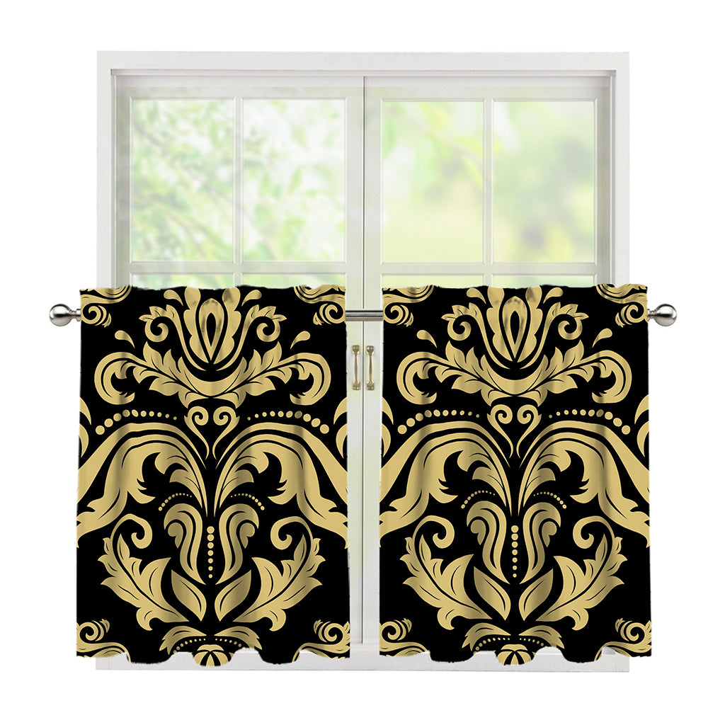 Black And Beige Damask Pattern Print Tier Curtains