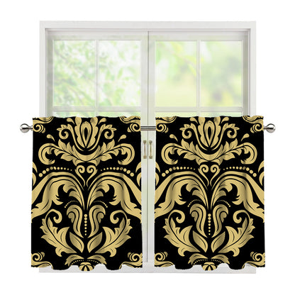 Black And Beige Damask Pattern Print Tier Curtains