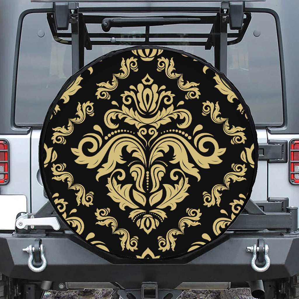 Black And Beige Damask Pattern Print Tire Cover