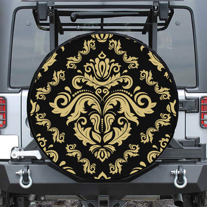 Black And Beige Damask Pattern Print Tire Cover