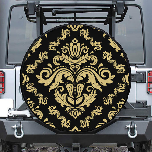 Black And Beige Damask Pattern Print Tire Cover