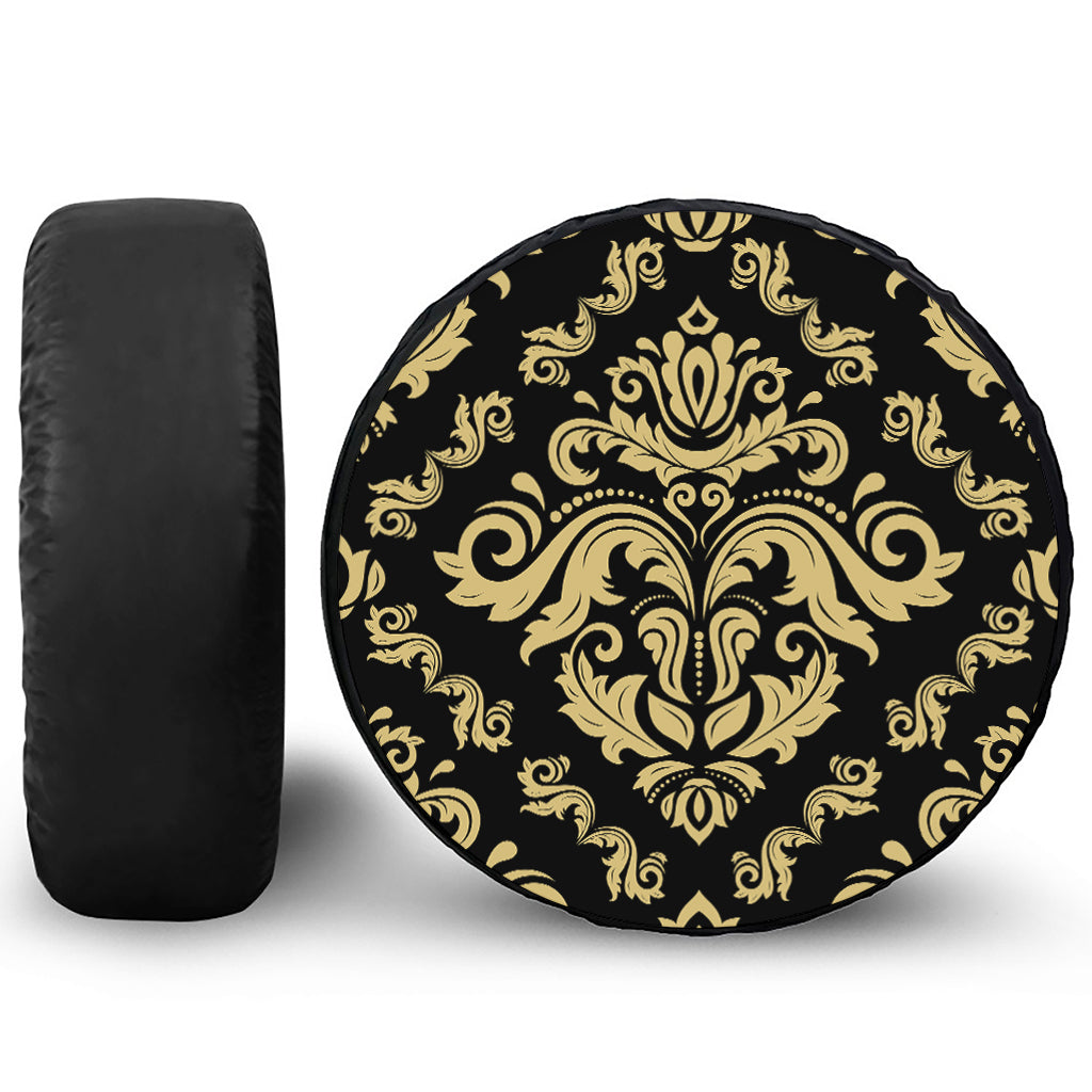 Black And Beige Damask Pattern Print Tire Cover