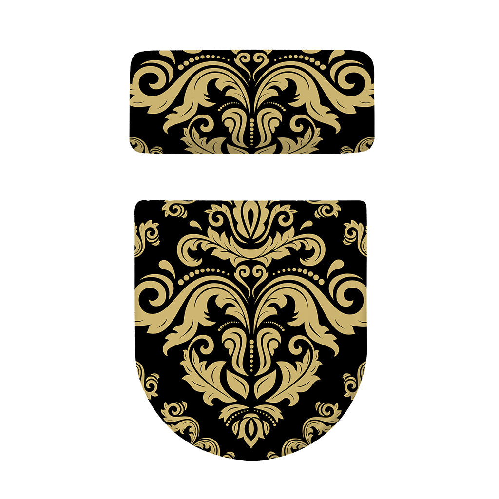 Black And Beige Damask Pattern Print Toilet Lid And Tank Cover Set