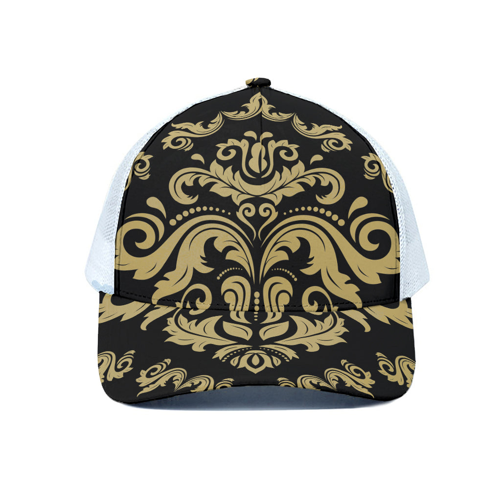 Black And Beige Damask Pattern Print White Mesh Trucker Cap