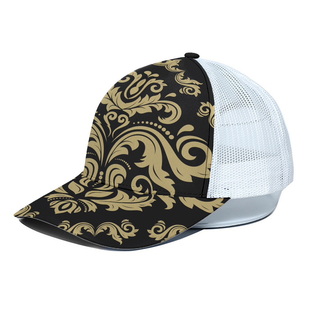 Black And Beige Damask Pattern Print White Mesh Trucker Cap