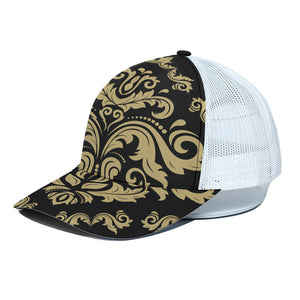 Black And Beige Damask Pattern Print White Mesh Trucker Cap