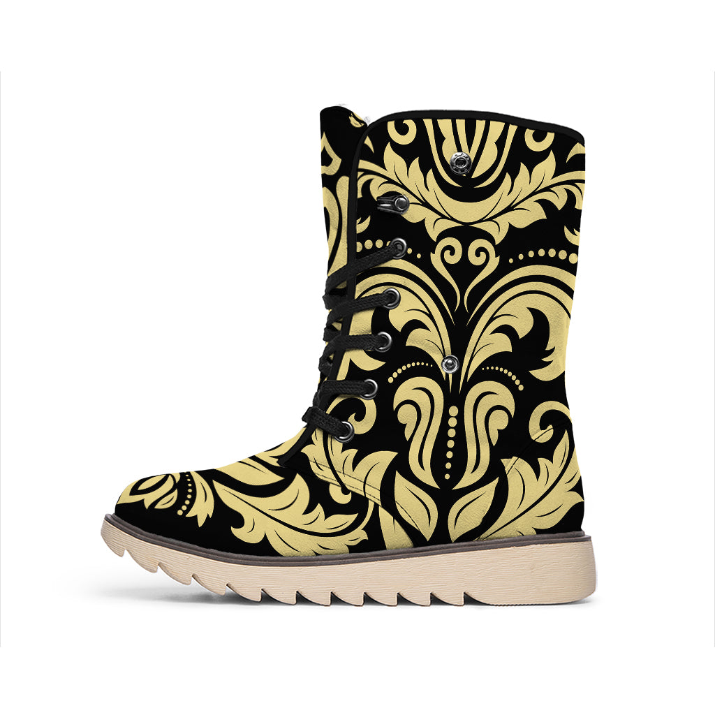 Black And Beige Damask Pattern Print Winter Boots