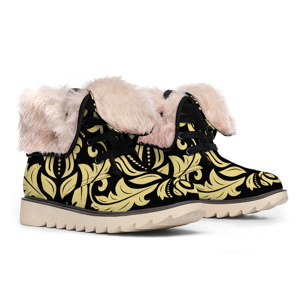 Black And Beige Damask Pattern Print Winter Boots