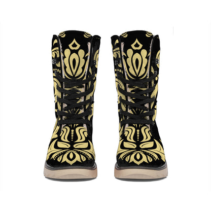 Black And Beige Damask Pattern Print Winter Boots