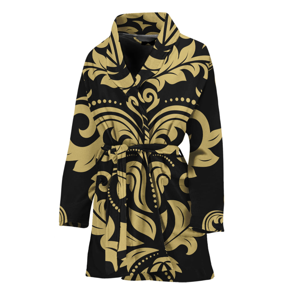 Black And Beige Damask Pattern Print Women's Bathrobe
