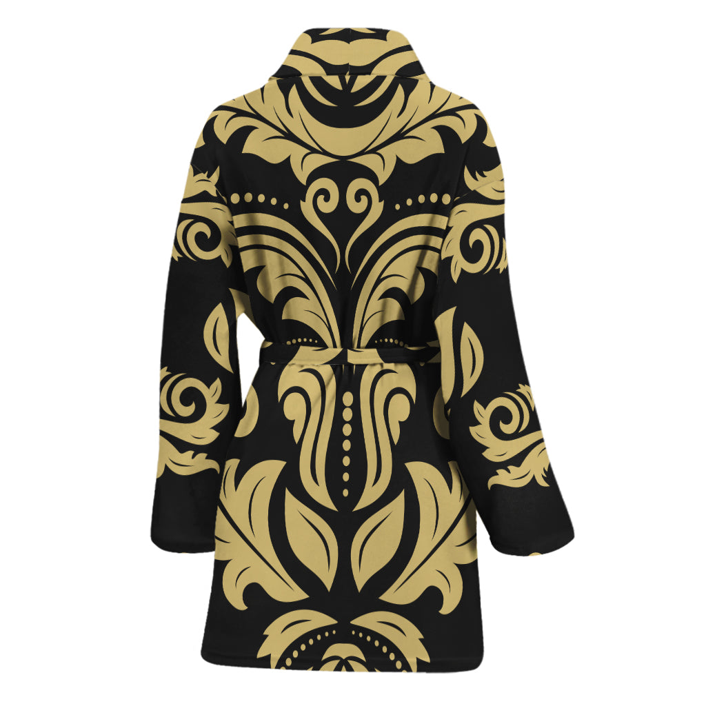 Black And Beige Damask Pattern Print Women's Bathrobe