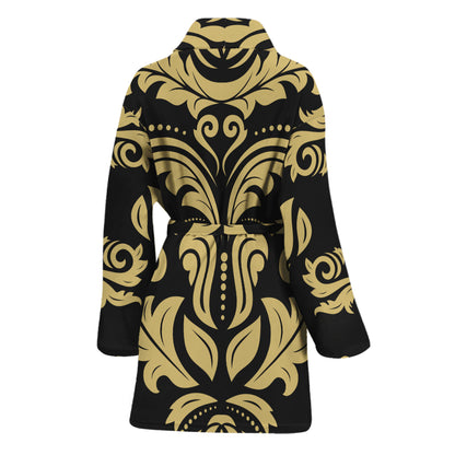 Black And Beige Damask Pattern Print Women's Bathrobe