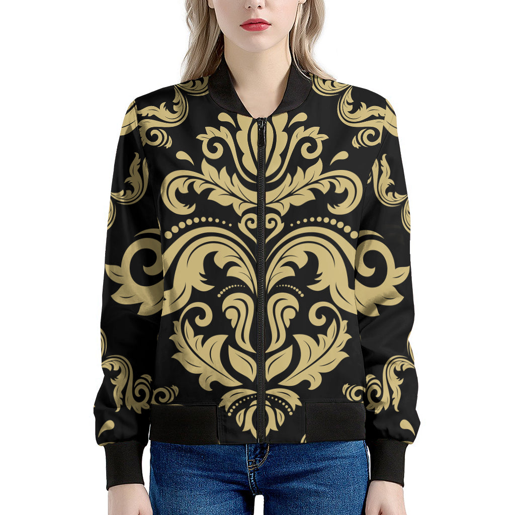 Black And Beige Damask Pattern Print Women's Bomber Jacket