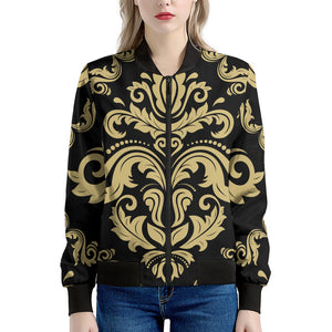 Black And Beige Damask Pattern Print Women's Bomber Jacket