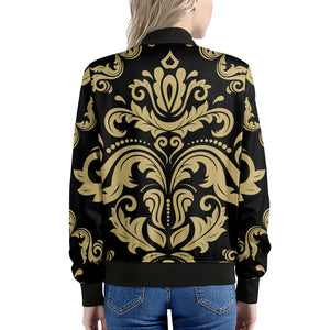 Black And Beige Damask Pattern Print Women's Bomber Jacket