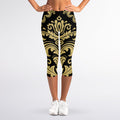 Black And Beige Damask Pattern Print Women's Capri Leggings