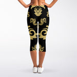 Black And Beige Damask Pattern Print Women's Capri Leggings
