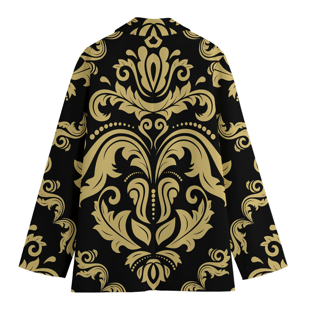 Black And Beige Damask Pattern Print Women's Cotton Blazer