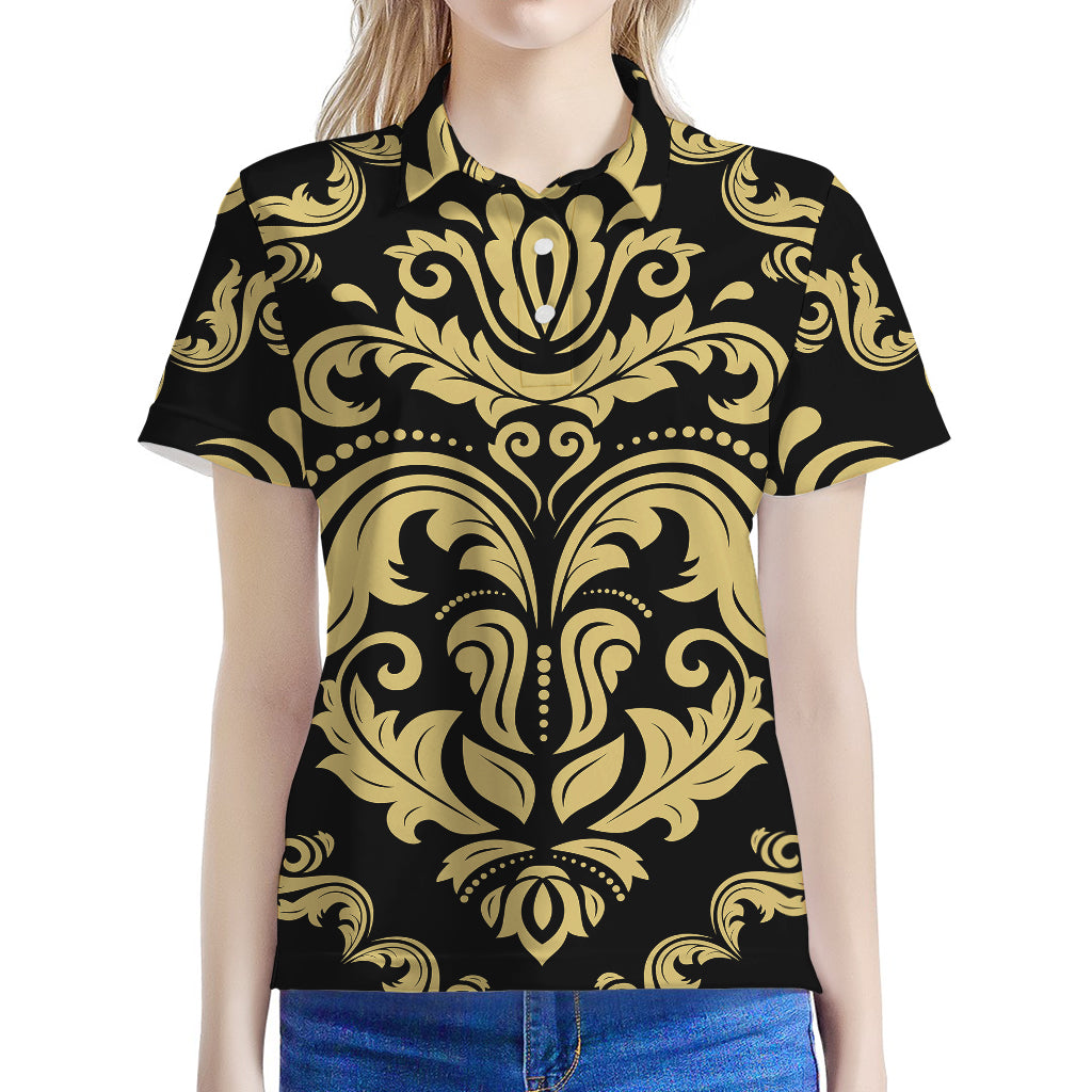 Black And Beige Damask Pattern Print Women's Polo Shirt