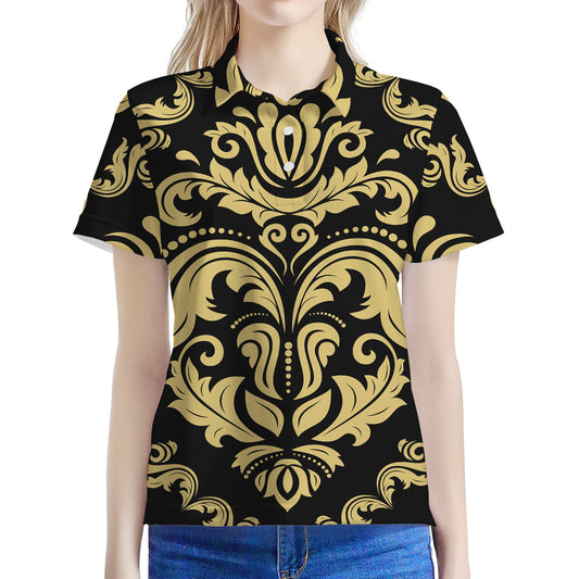 Black And Beige Damask Pattern Print Women's Polo Shirt