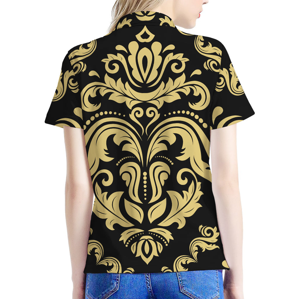 Black And Beige Damask Pattern Print Women's Polo Shirt