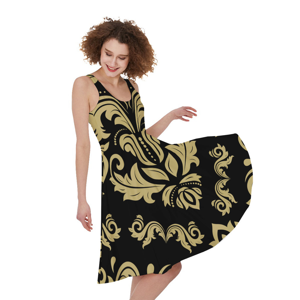Black And Beige Damask Pattern Print Women's Sleeveless Dress