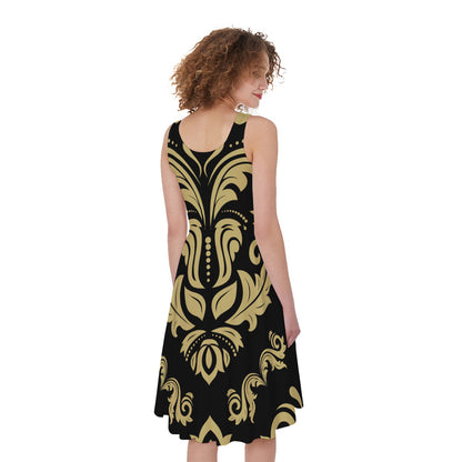 Black And Beige Damask Pattern Print Women's Sleeveless Dress