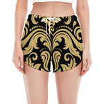 Black And Beige Damask Pattern Print Women's Split Running Shorts