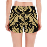 Black And Beige Damask Pattern Print Women's Split Running Shorts
