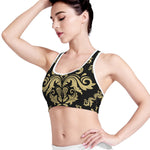 Black And Beige Damask Pattern Print Women's Sports Bra