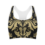 Black And Beige Damask Pattern Print Women's Sports Bra