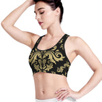 Black And Beige Damask Pattern Print Women's Sports Bra