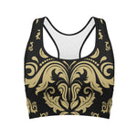 Black And Beige Damask Pattern Print Women's Sports Bra