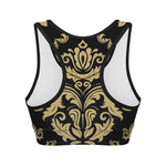 Black And Beige Damask Pattern Print Women's Sports Bra