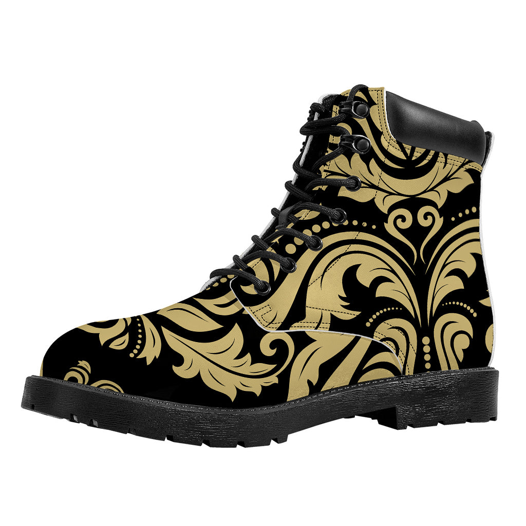 Black And Beige Damask Pattern Print Work Boots